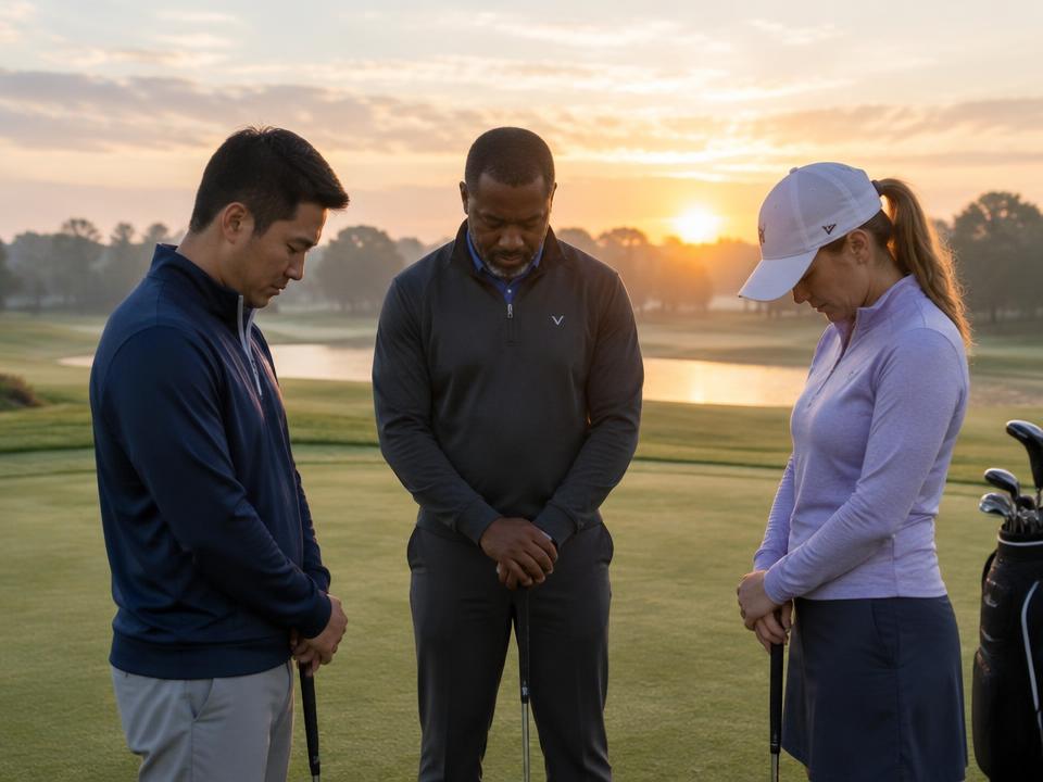Three golfers bow their heads in prayer beside a green at sunrise