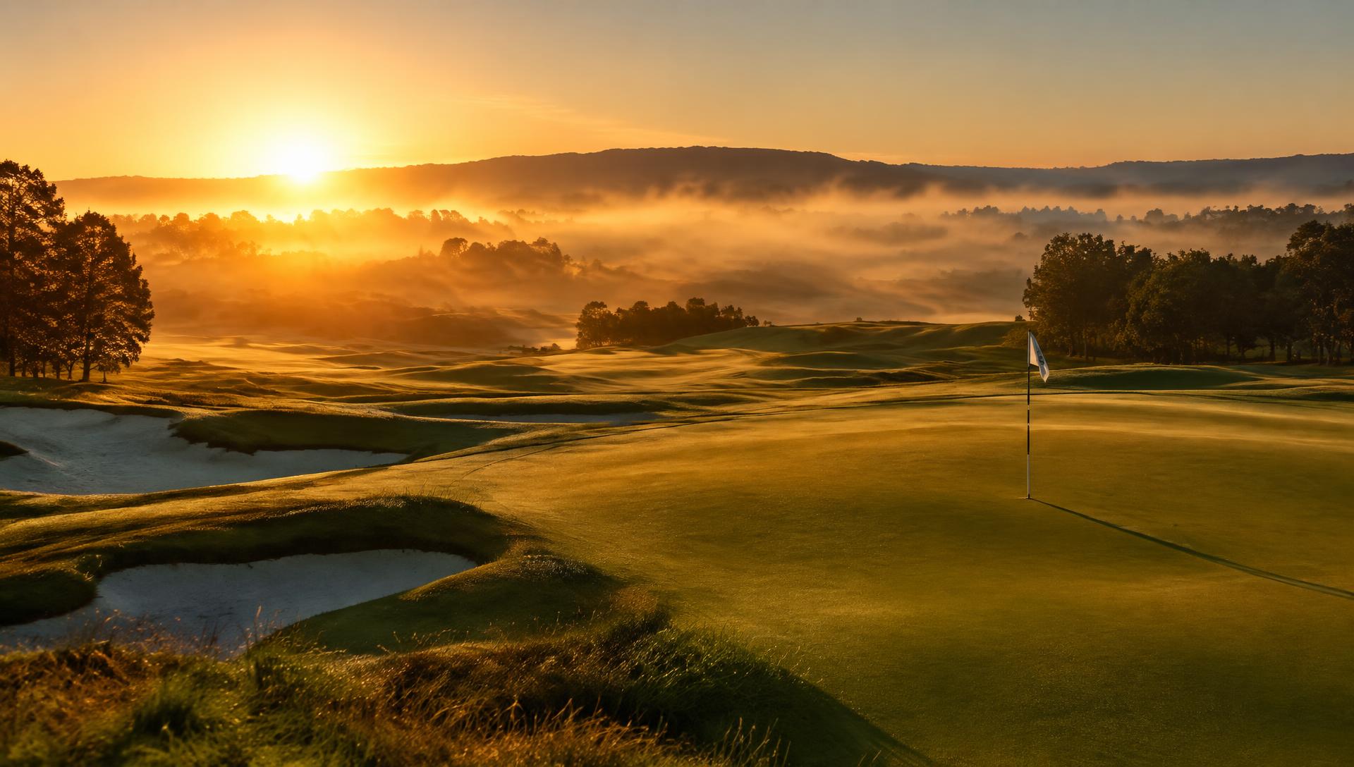A misty golf course green with a flagstick at golden-hour sunrise